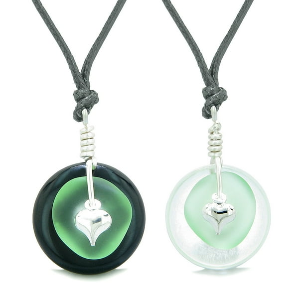 Sea Glass Yin Yang Love Couples BFF Set Mint Green Heart Black Agate Crystal Quartz Donut Amulet Necklaces Sea Glass Yin Yang Love Couples BFF Set Mint Green Heart Black Agate Crystal Quartz Donut Amulet Necklaces
